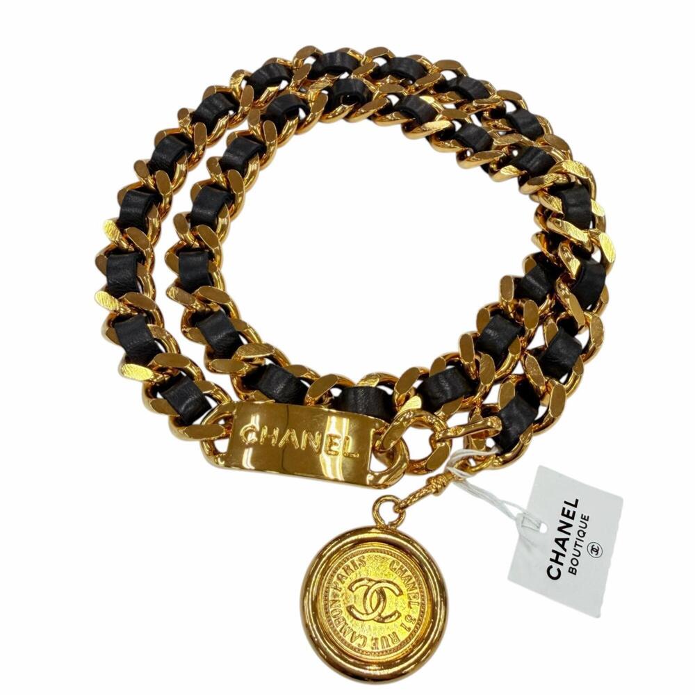 CHANEL Vintage Metal Logo Coco Mark Coin Leather Chain Belt, Gold and Black, ...